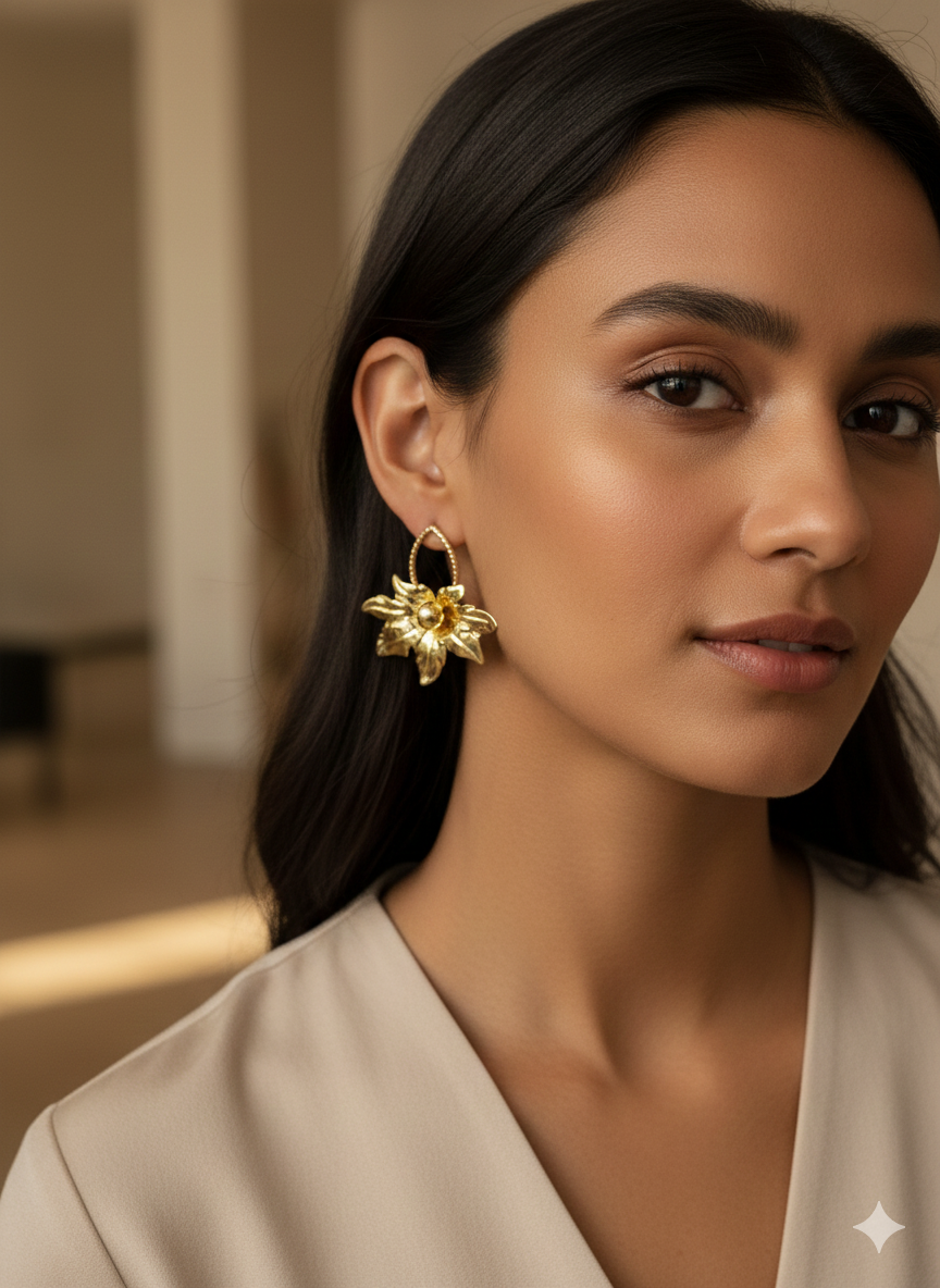 Botanical Muse Leaf Statement Earrings – 18K Gold Plated Sculptural Studs