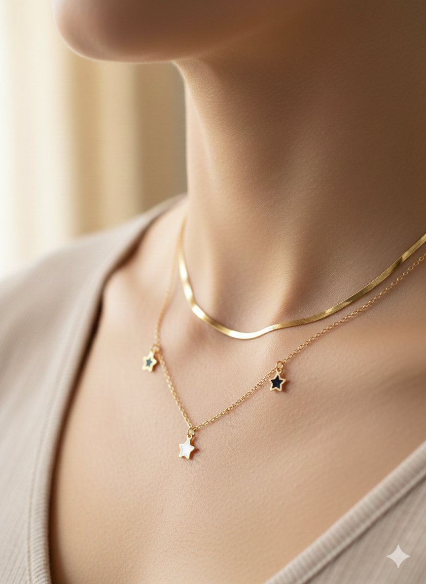 The "Stellar Layers" Dual Necklace Set – 18K Gold Plated Snake Chain & Enamel Star Charms, Waterproof Stainless Steel