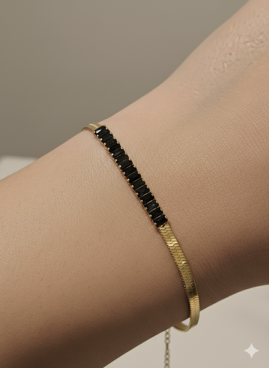 Elegant Herringbone Snake Chain Bracelet with Black Baguette Zirconia