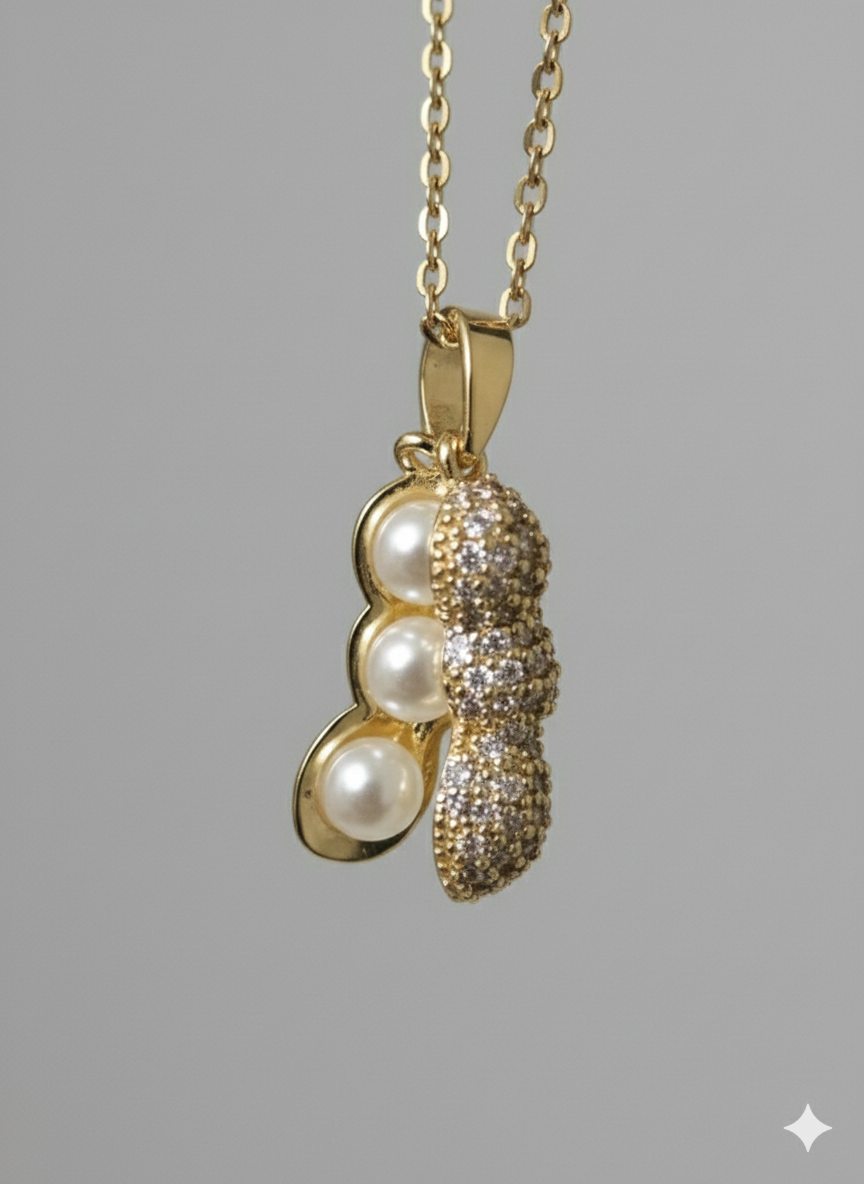 Stainless Steel "Three Peas in a Pod" Pearl Necklace - Gold Zirconia Accents