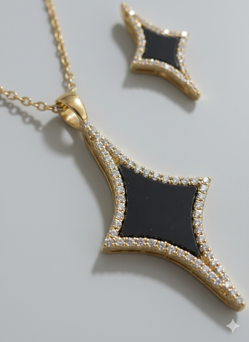Stainless Steel Black Enamel North Star Jewelry Set - 18K Gold Plated Necklace & Stud Earrings