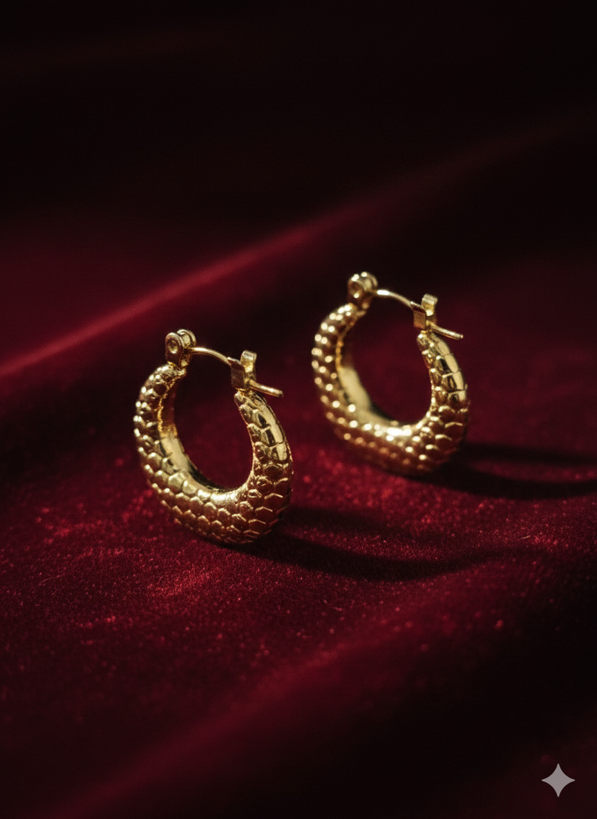 Gold Snake Skin Textured Hoop Earrings – 18K Gold Plated Stainless Steel – Chunky Embossed Huggie Hoops – Luxury Everyday Jewellery