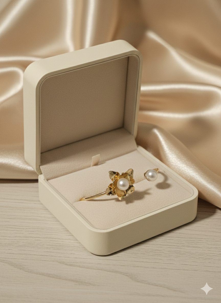 Petal & Pearl Open Cuff Bangle – 18K Gold Plated Floral Statement Bracelet