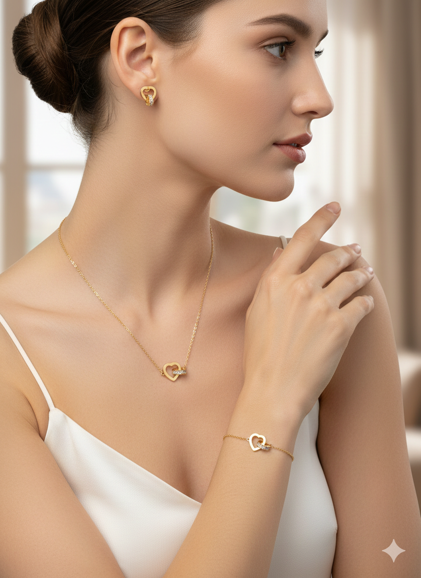 Luxury 18K Gold Plated Stainless Steel Interlocking Heart & Crystal Ring Jewellery Set – Necklace, Bracelet & Earrings