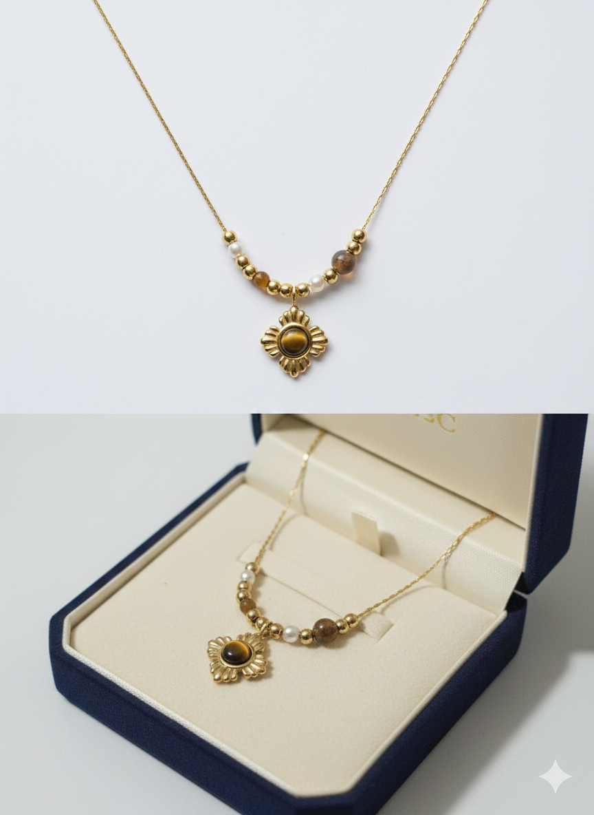 Stainless Steel Tiger’s Eye Sun Pendant Necklace - Gold Beaded Boho Jewelry