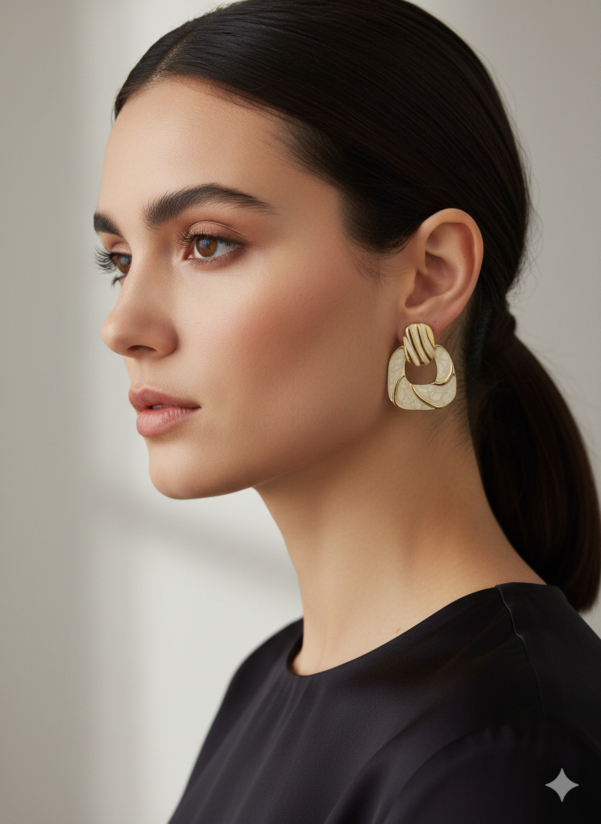 Art Deco Inspired Geometric Drop Earrings – 18K Gold Plated Stainless Steel – Ivory Enamel & Ribbed Gold Statement Studs – Vintage Elegance