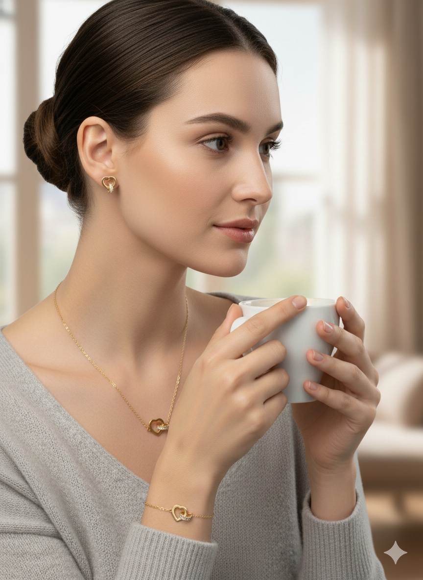 Luxury 18K Gold Plated Stainless Steel Interlocking Heart & Crystal Ring Jewellery Set – Necklace, Bracelet & Earrings