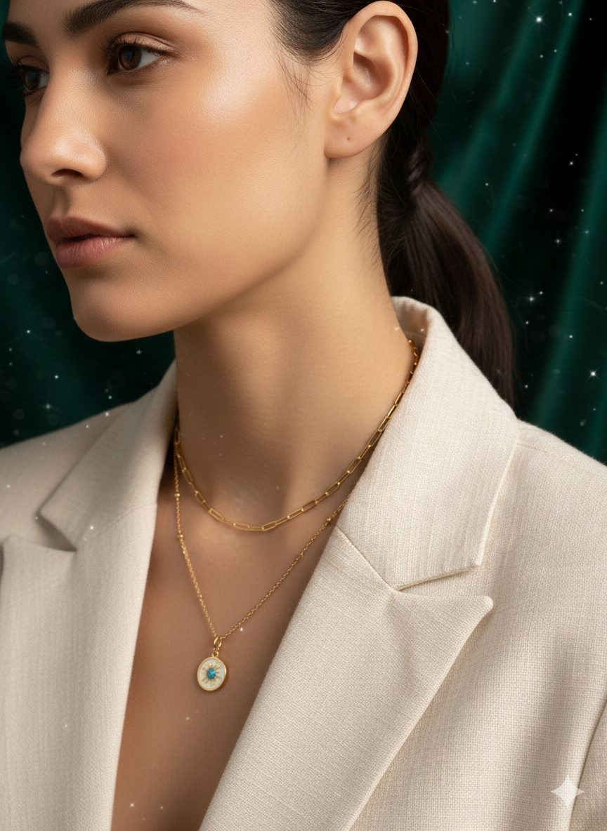Celestial Double-Layered Sun Necklace | Turquoise Accent Stainless Steel