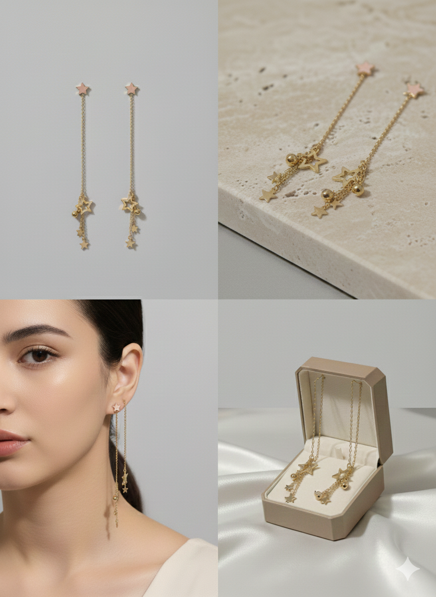 Long Gold Stainless Steel Star Tassel Earrings - Celestial Dangle Jewelry