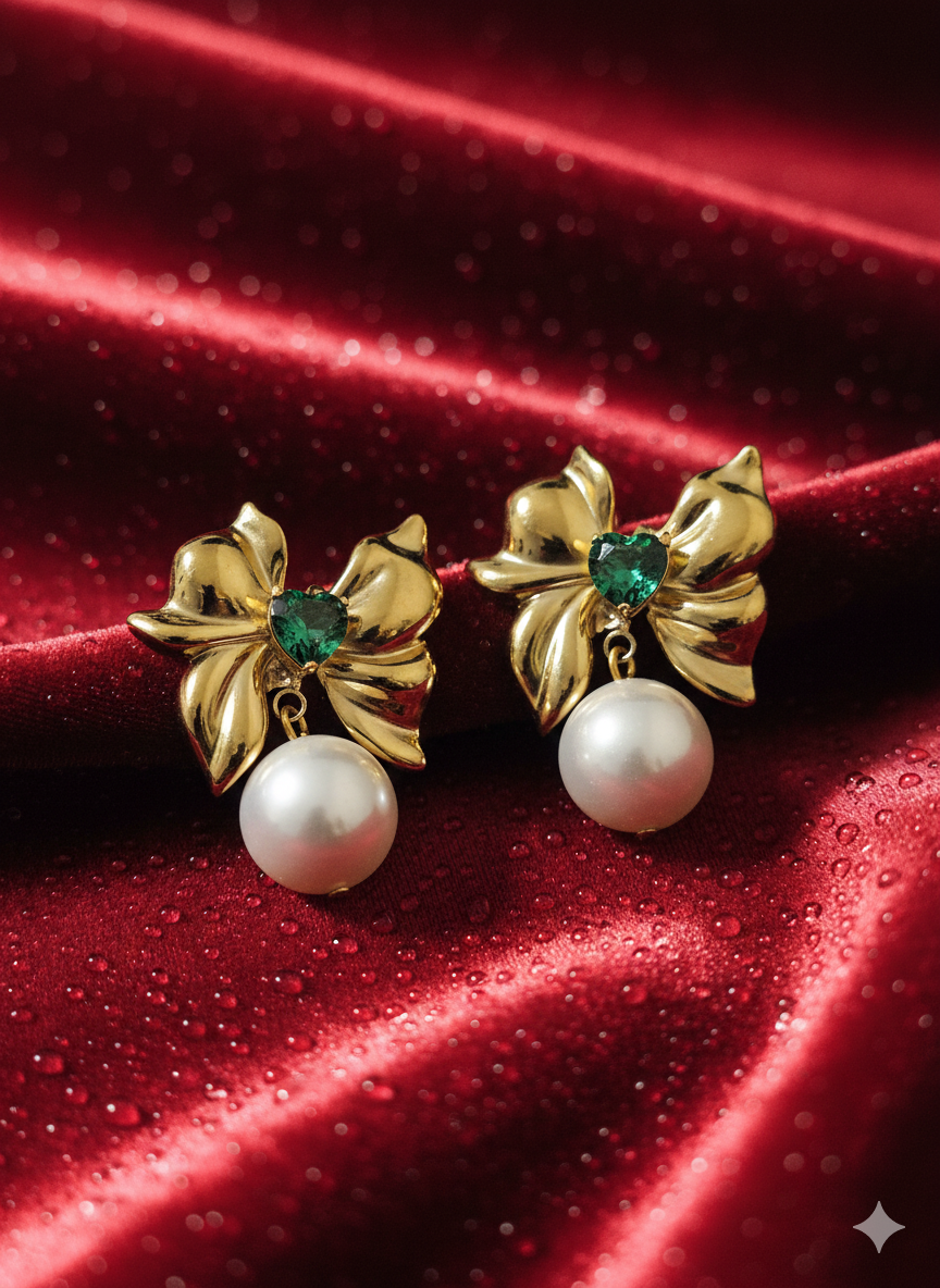Romantic Emerald Heart & Pearl Bow Earrings | 18K Gold Plated Stainless Steel