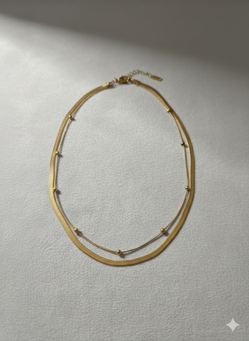 18K Gold Plated Minimalist Dual-Layered Herringbone & Satellite Chain Necklace