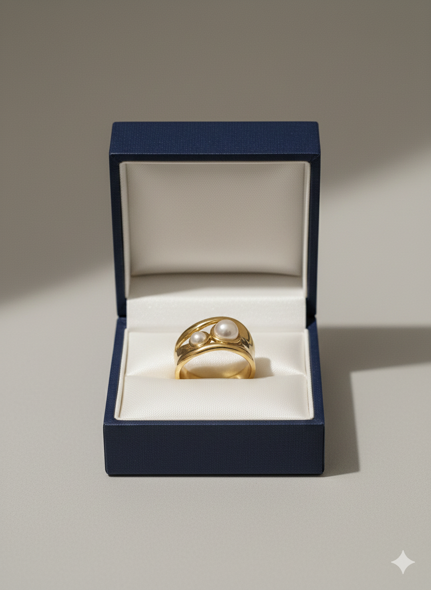 18K Gold Plated Vintage Minimalist Dual-Pearl Statement Ring