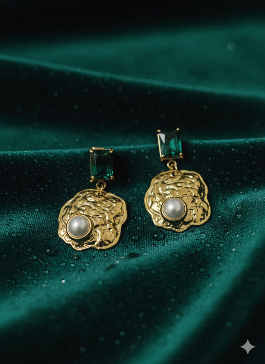 Vintage Emerald & Pearl Drop Earrings | Premium Gold-Plated Stainless Steel