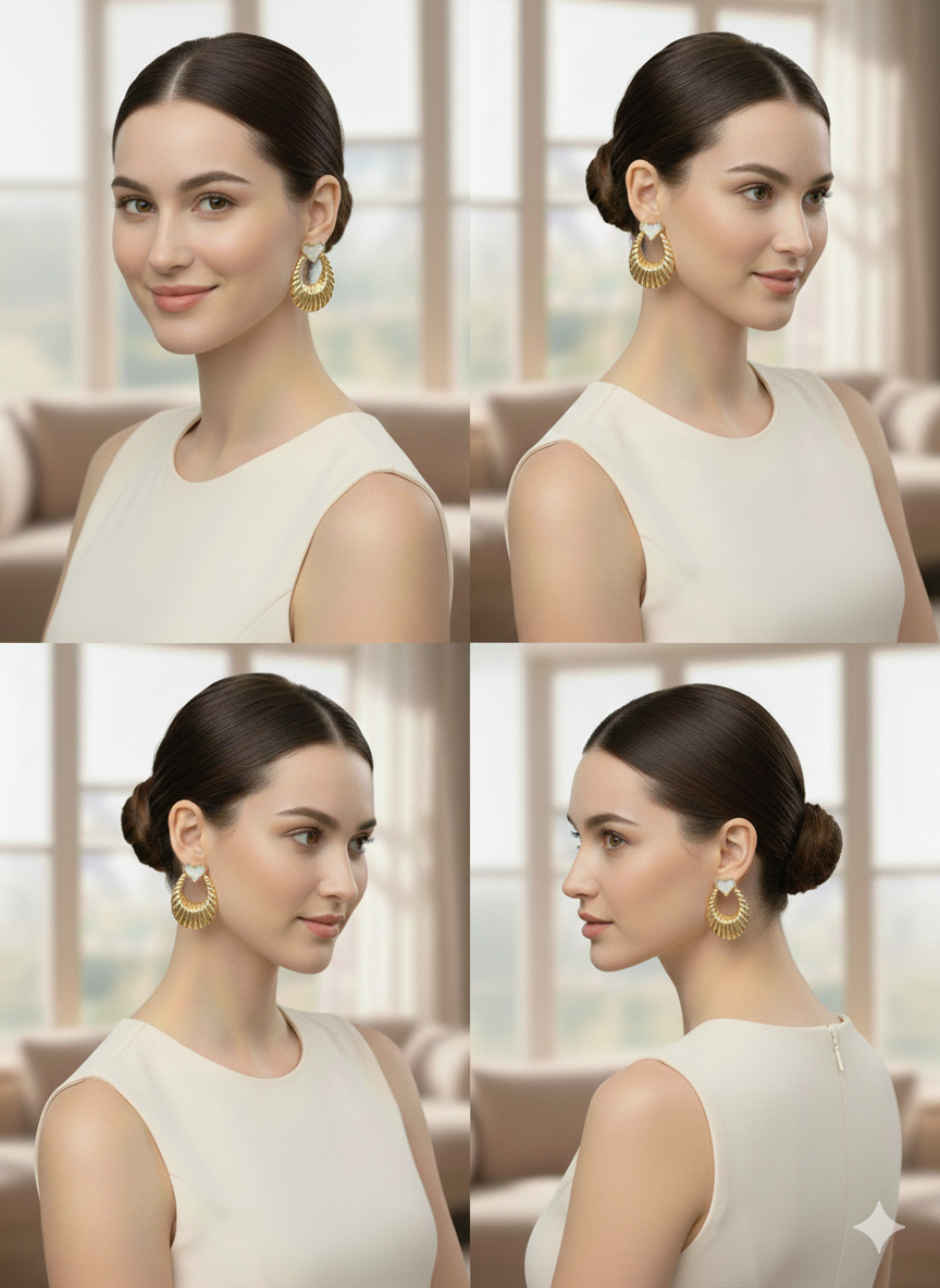 Vintage Romance Heart & Ribbed Hoop Earrings – 18K Gold Plated Stainless Steel – Iridescent Mother of Pearl Style Statement Studs