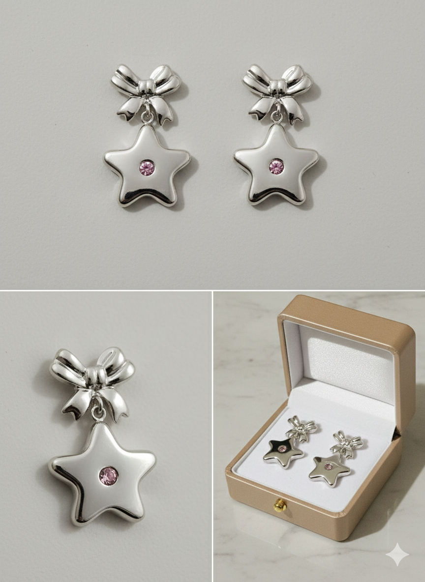 Silver Stainless Steel Bow & Star Drop Earrings - Coquette Aesthetic Jewelry