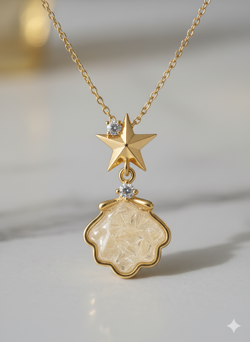 Elegant Celestial Shell Necklace - Gold Stainless Steel with Zirconia Accents