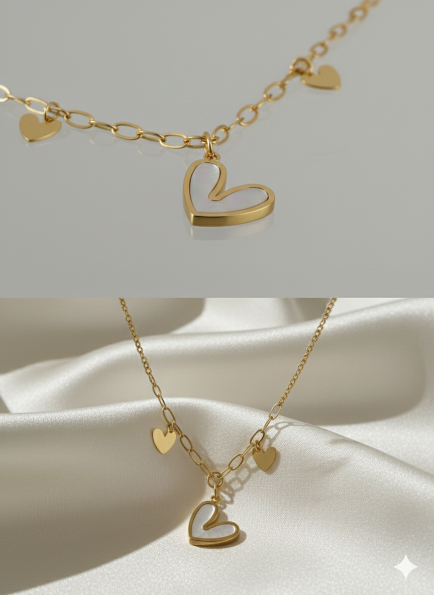 Luxury Stainless Steel Mother of Pearl Heart Charm Necklace - Gold Link Chain