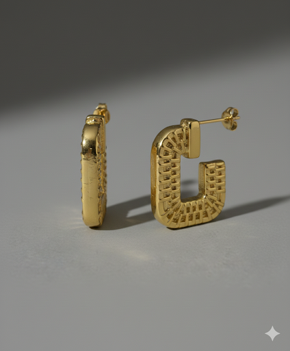 Bold Textured Square Hoop Earrings – 18K Gold Plated Stainless Steel – Retro Geometric Statement Earrings for Women