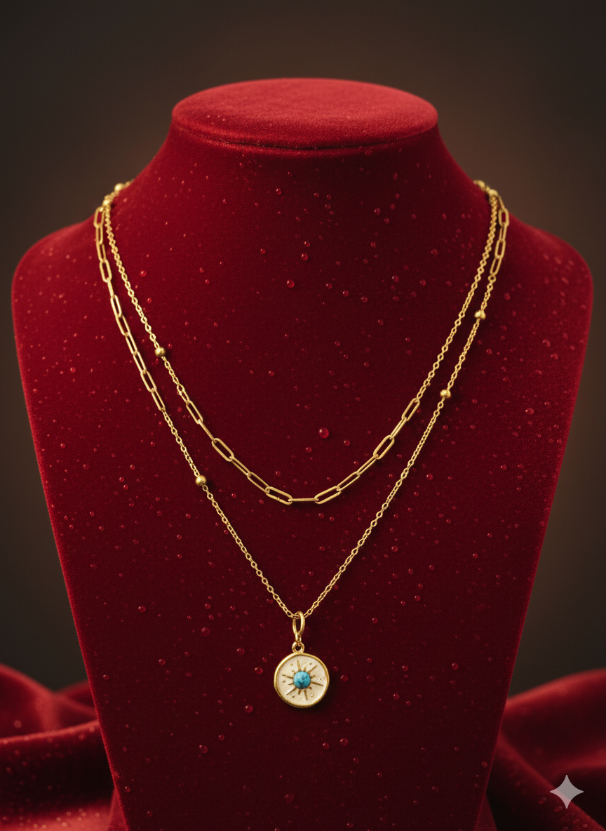 Celestial Double-Layered Sun Necklace | Turquoise Accent Stainless Steel