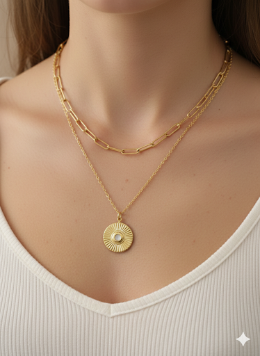 Layered Solstice Medallion & Paperclip Chain Set - 18K Gold PVD Plated 316L Stainless Steel