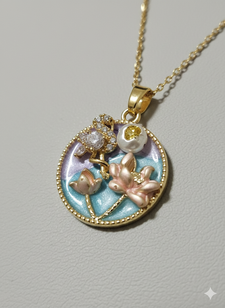 18K Gold Plated Vintage Enamel Lotus Medallion Necklace