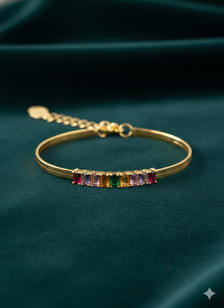 Rainbow Gemstone Herringbone Bracelet – 18K Gold Plated Stainless Steel – Multi-Colour Baget Crystal Flat Snake Chain Jewellery