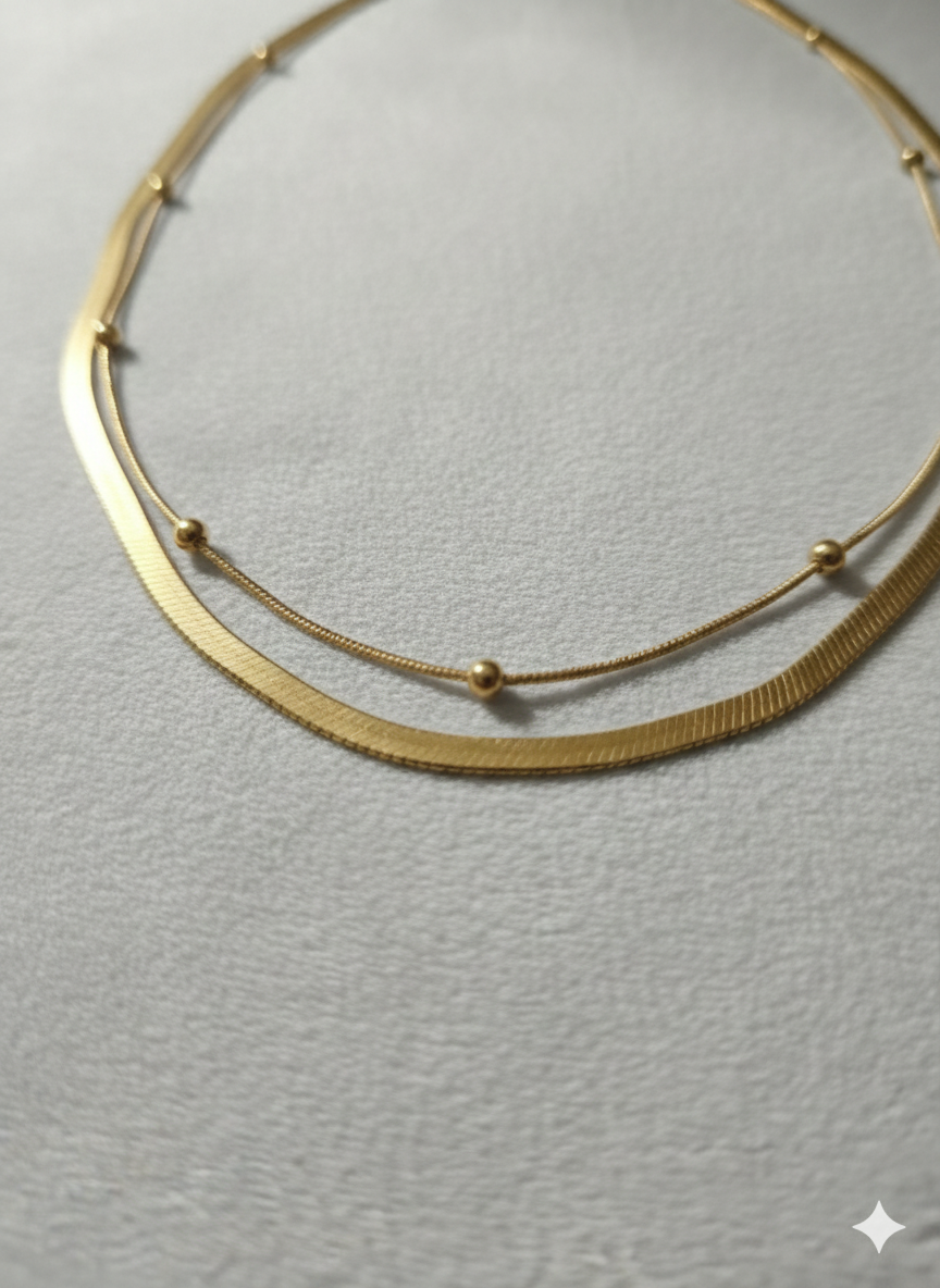 18K Gold Plated Minimalist Dual-Layered Herringbone & Satellite Chain Necklace