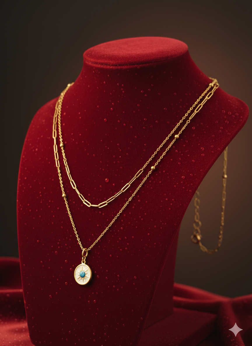 Celestial Double-Layered Sun Necklace | Turquoise Accent Stainless Steel