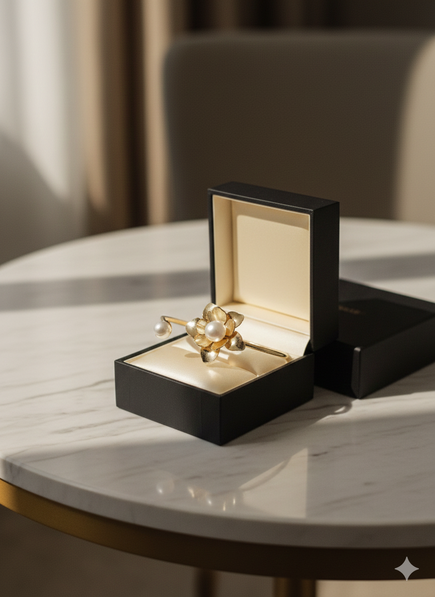 Petal & Pearl Open Cuff Bangle – 18K Gold Plated Floral Statement Bracelet