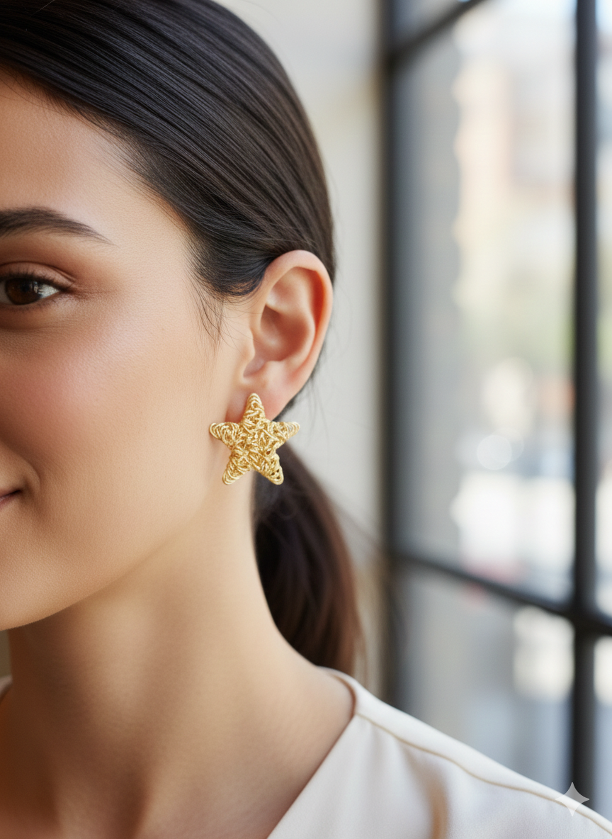 The "Nova" Textured Star Studs – Megora Jewellery Signature Wire-Finish, 18K Gold Plated Stainless Steel