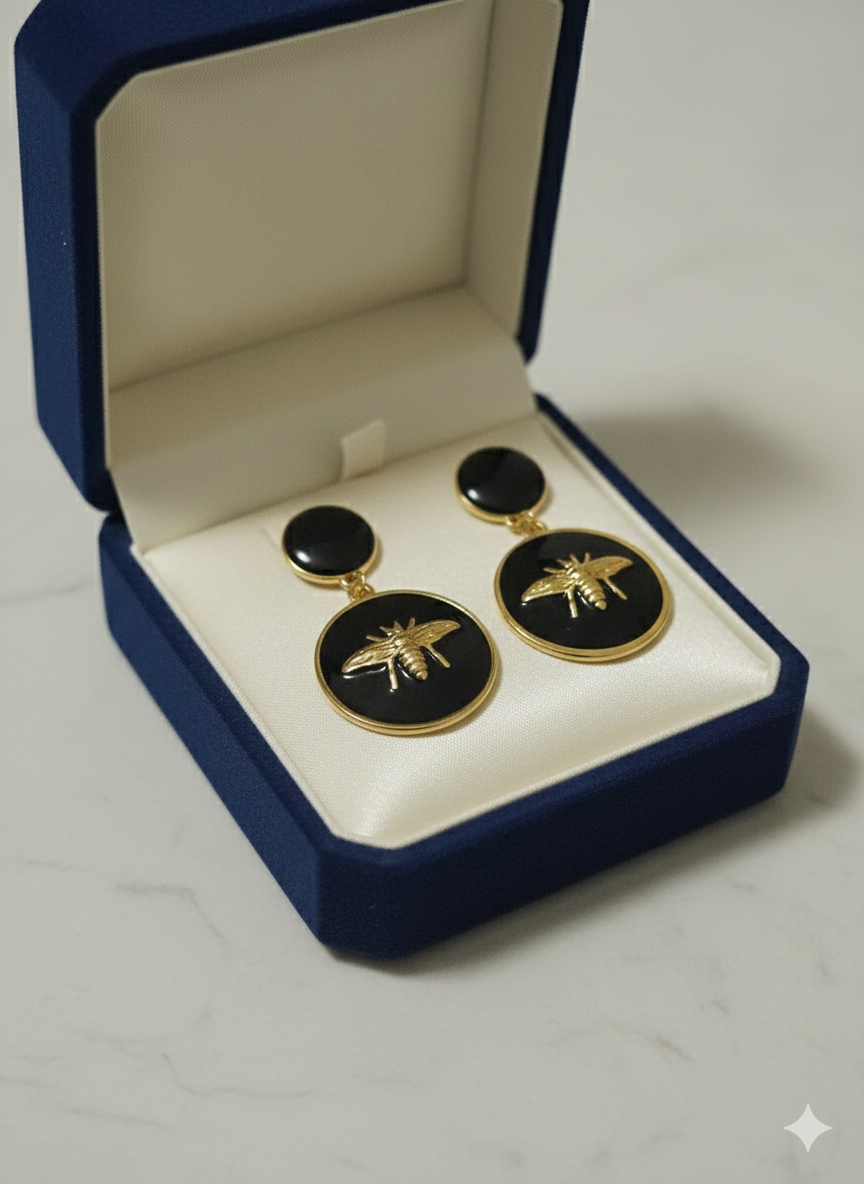 18K Gold Plated Vintage Statement Bee & Black Enamel Medallion Earrings