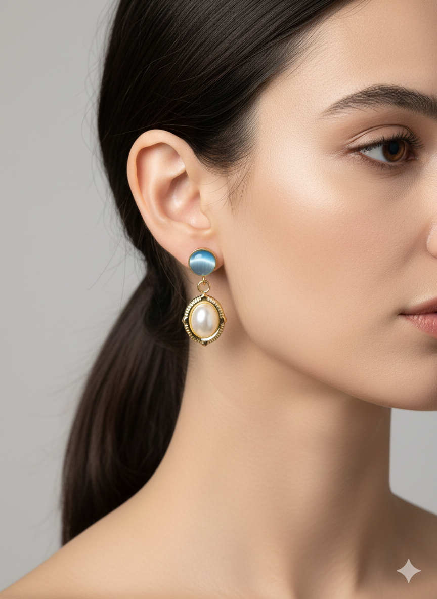Azure & Pearl Vintage Drops – 18K Gold Plated Stainless Steel Earrings with Cat-Eye Resin
