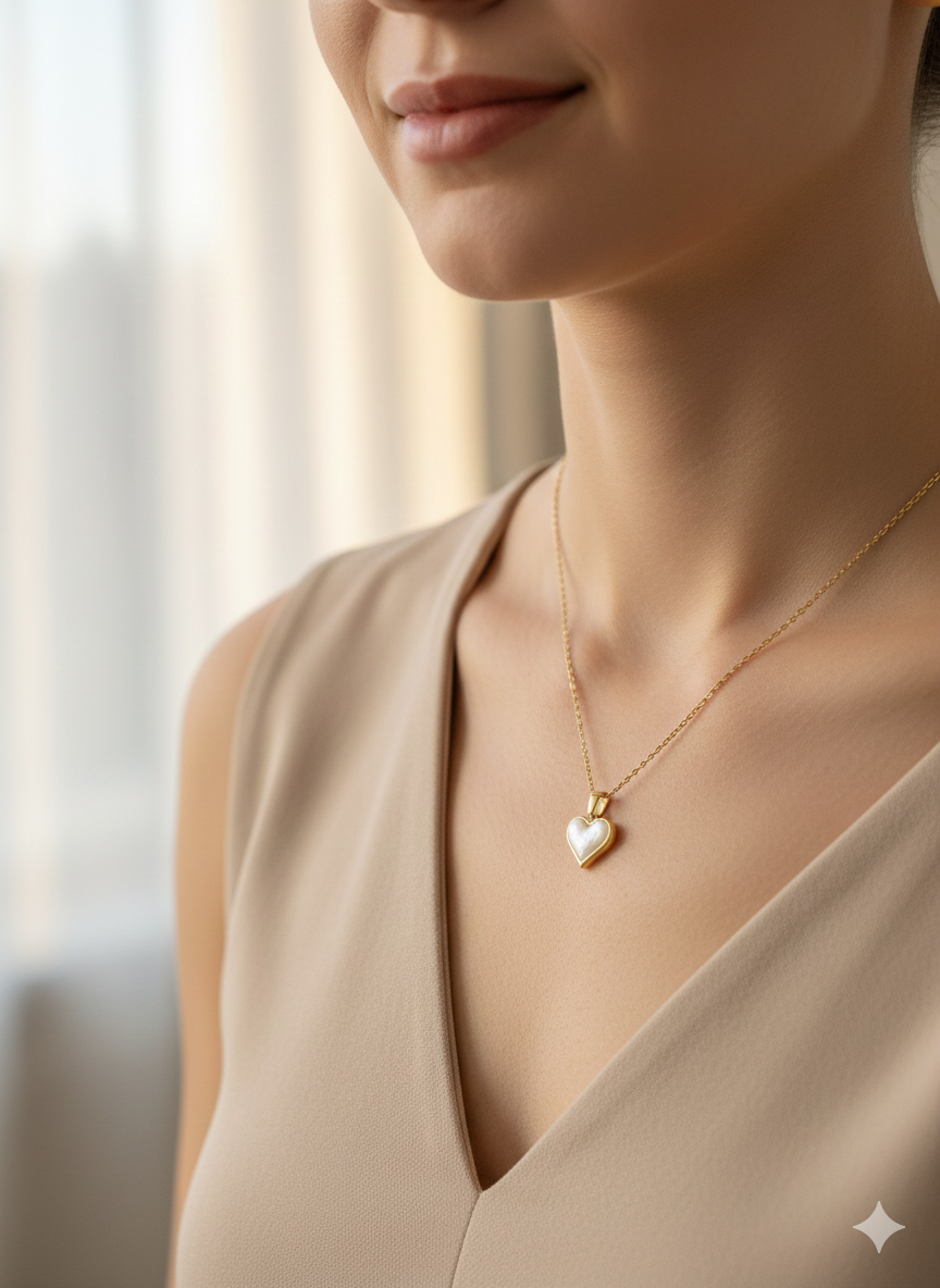 The "Amora" Pearlescent Heart Necklace – 18K Gold Plated Stainless Steel with Lustrous Heart Charm