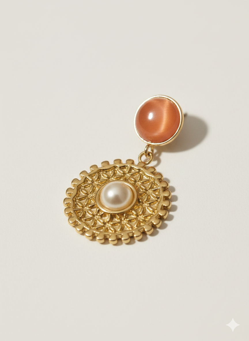 Vintage Medallion Drop Earrings – 18K Gold Plated with Faux Pearl & Amber Resin Detail