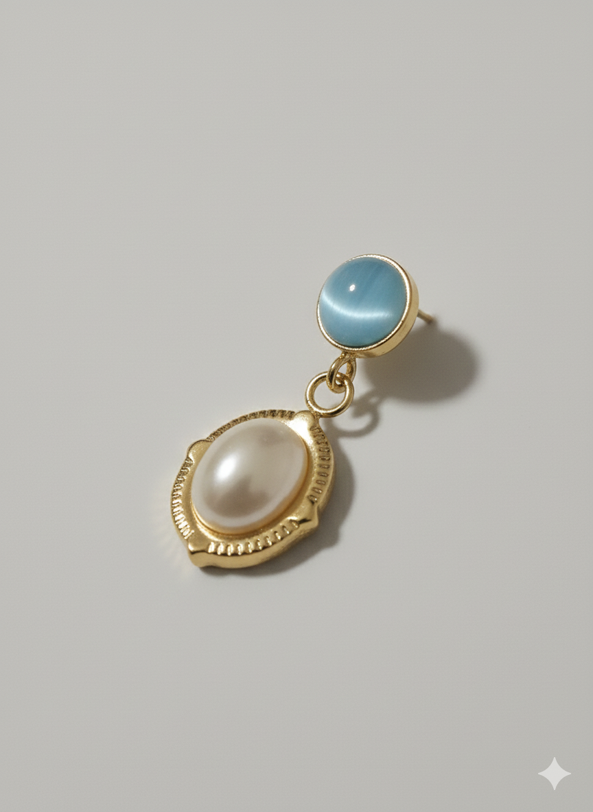 Azure & Pearl Vintage Drops – 18K Gold Plated Stainless Steel Earrings with Cat-Eye Resin