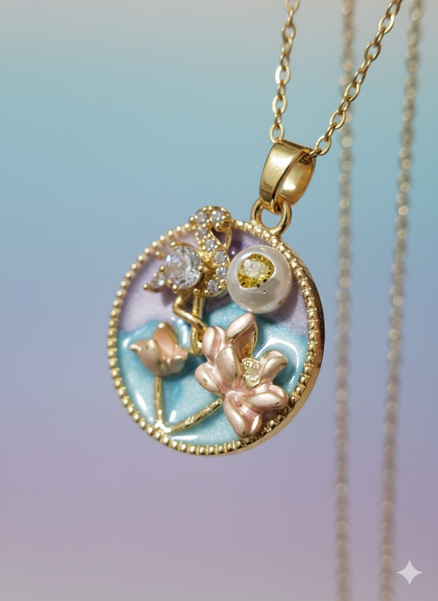 18K Gold Plated Vintage Enamel Lotus Medallion Necklace