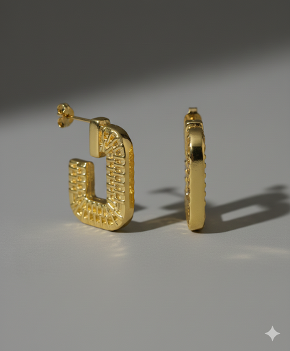 Bold Textured Square Hoop Earrings – 18K Gold Plated Stainless Steel – Retro Geometric Statement Earrings for Women