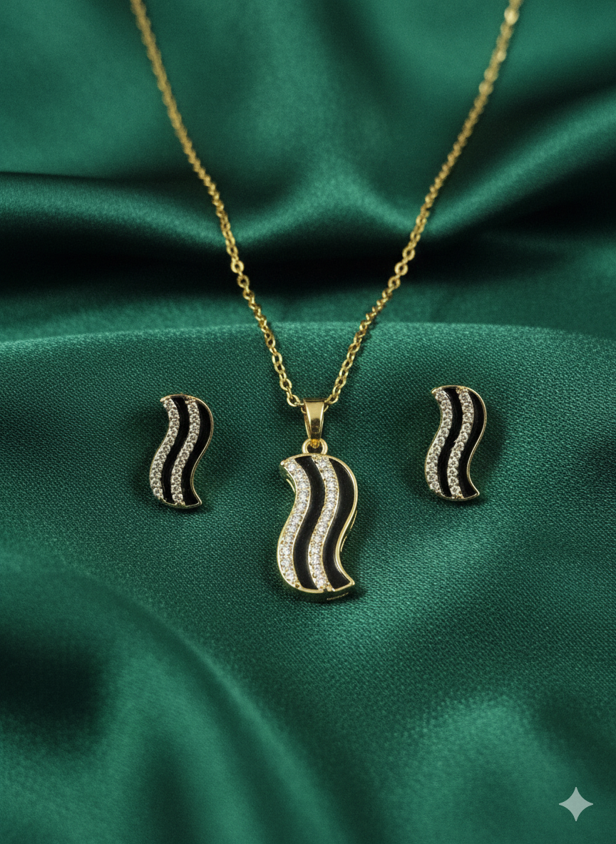 Luxury Noir & Sparkle Wave Jewellery Set – 18K Gold Plated Stainless Steel – Curved Midnight Enamel & Crystal Necklace and Earrings Set