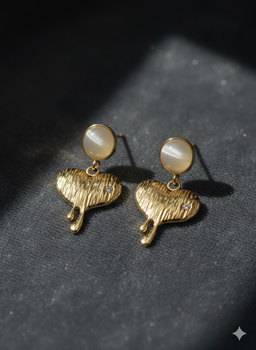 18K Gold Plated Vintage Textured Heart Drop Earrings with Cat-Eye Stones