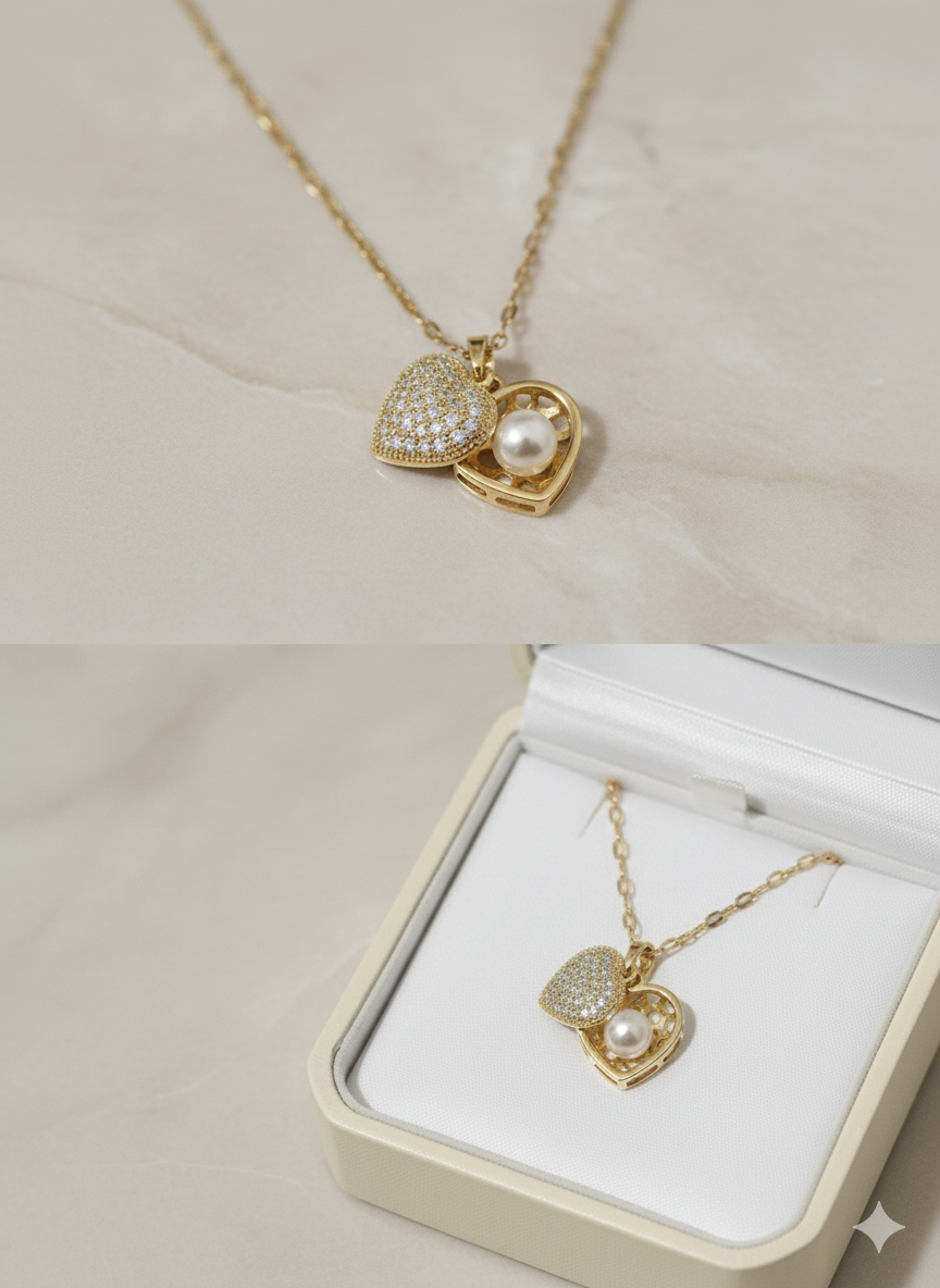 Luxury Stainless Steel Secret Pearl Heart Necklace - Sparkling Zirconia Locket