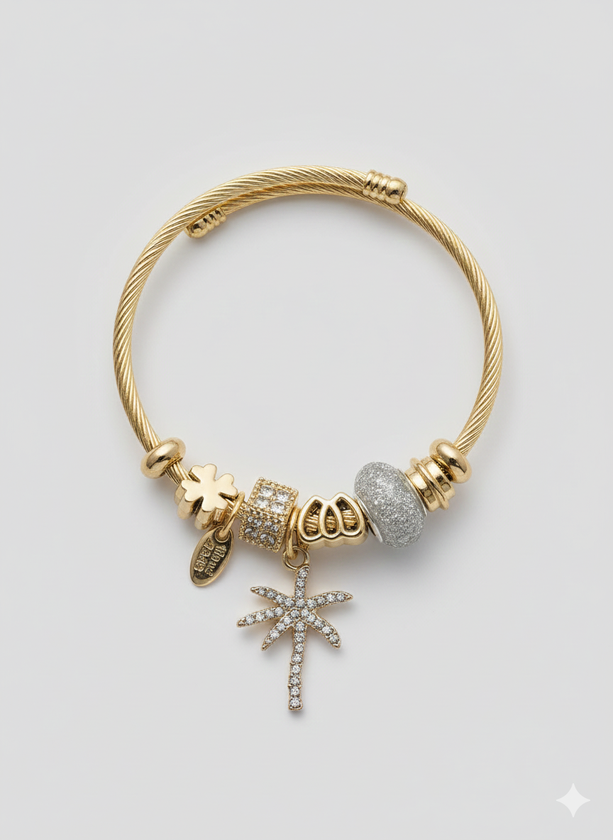 18K Gold Plated Statement Tropical Charm Bangle with Crystal Accents