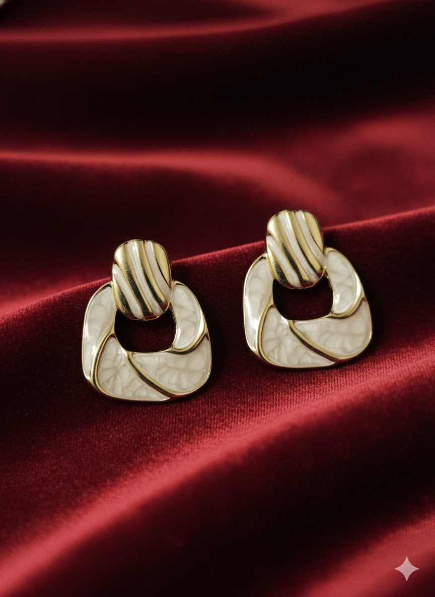 Art Deco Inspired Geometric Drop Earrings – 18K Gold Plated Stainless Steel – Ivory Enamel & Ribbed Gold Statement Studs – Vintage Elegance