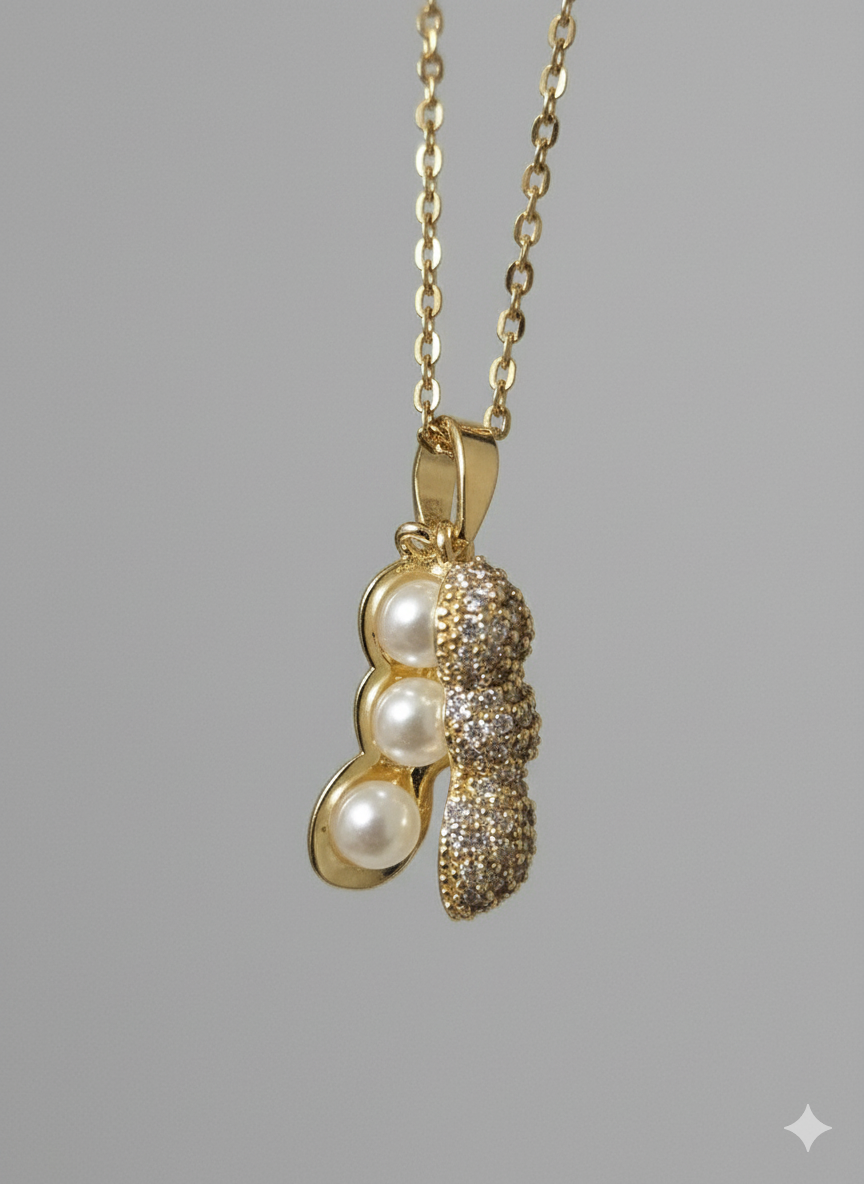 Stainless Steel "Three Peas in a Pod" Pearl Necklace - Gold Zirconia Accents