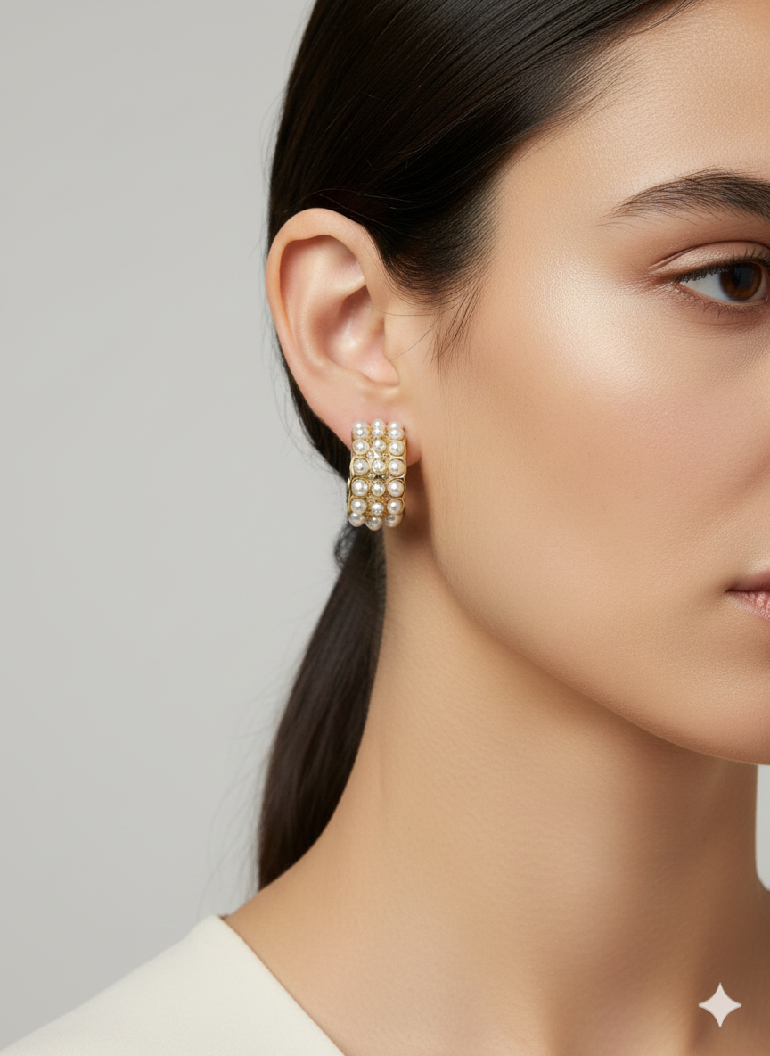 Vintage-Inspired Pearl Inlaid Chunky Hoop Earrings - 18K Gold Plated Stainless Steel