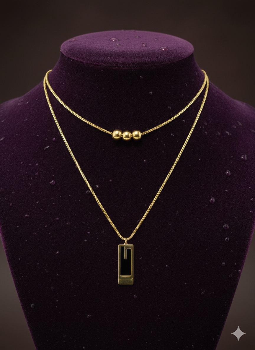 Midnight Onyx Geometric Layered Necklace | 18K Gold Plated Stainless Steel