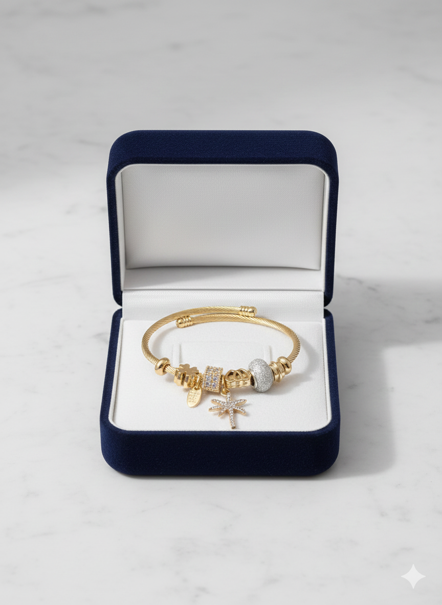 18K Gold Plated Statement Tropical Charm Bangle with Crystal Accents