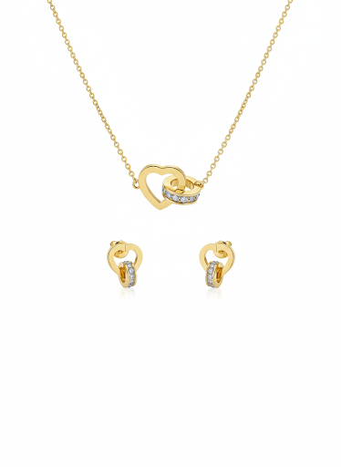 Luxury 18K Gold Plated Stainless Steel Interlocking Heart & Crystal Ring Jewellery Set – Necklace, Bracelet & Earrings