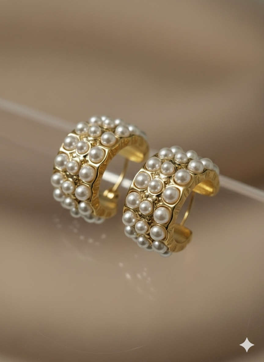 Vintage-Inspired Pearl Inlaid Chunky Hoop Earrings - 18K Gold Plated Stainless Steel