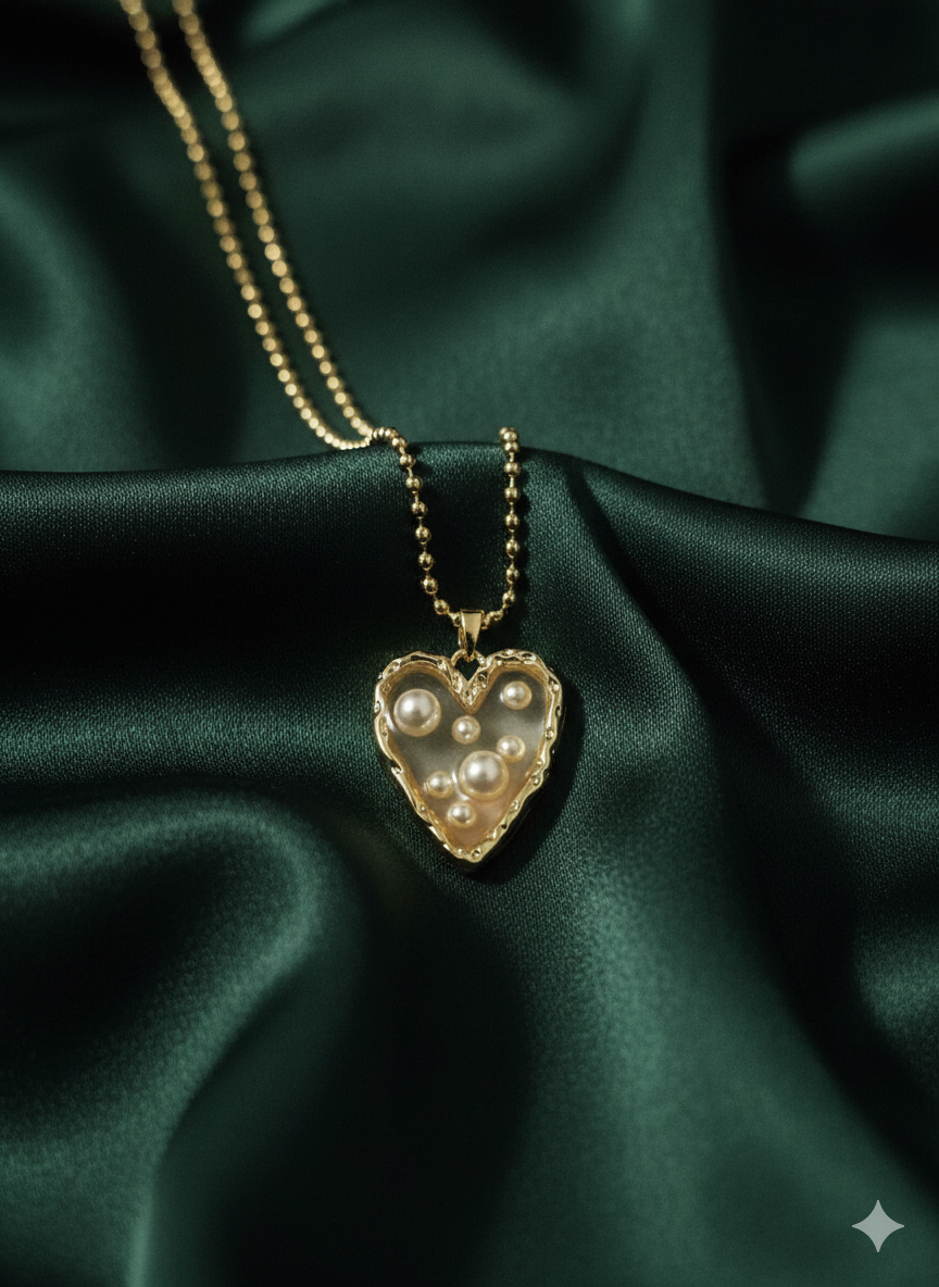 Vintage Enchantment Pearl Heart Pendant Necklace – 18K Gold Plated Stainless Steel – Gothic Romance Black Enamel & Pearl Jewellery