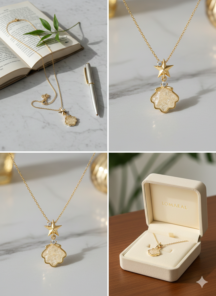 Elegant Celestial Shell Necklace - Gold Stainless Steel with Zirconia Accents